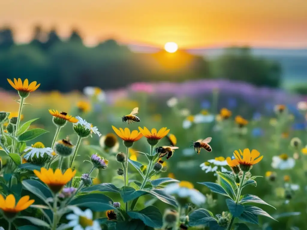 Un campo vibrante lleno de flores coloridas, abejas y mariposas polinizando