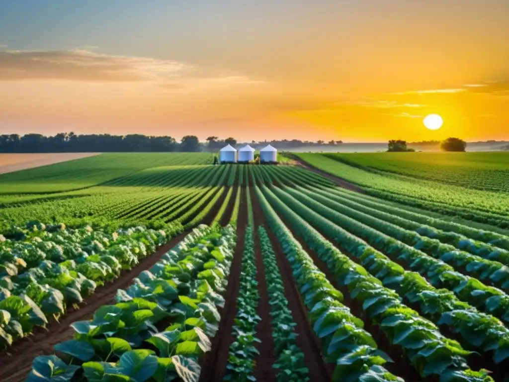 Campo agrícola vibrante y sostenible, con agricultores utilizando técnicas innovadoras