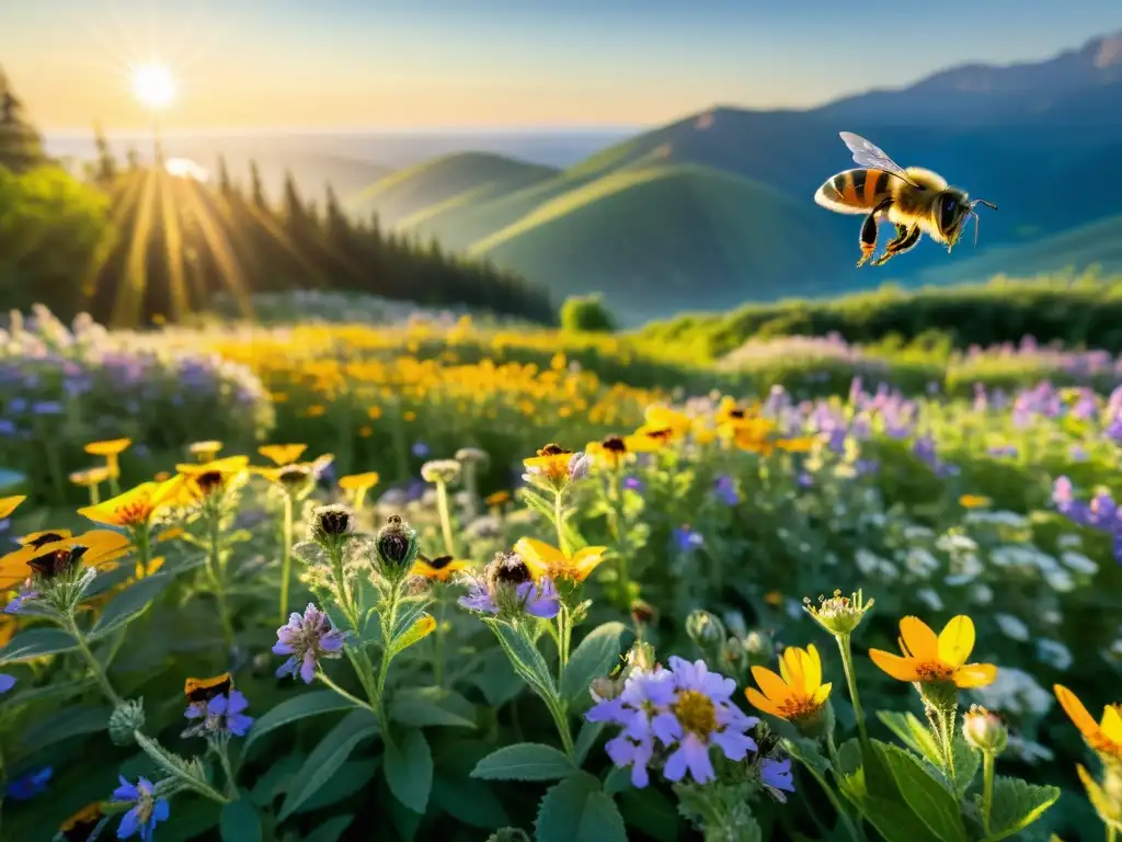 Un campo de flores silvestres vibrantes, abejas recolectando néctar y polen, resplandor dorado, importancia abejas polinización alimentos orgánicos