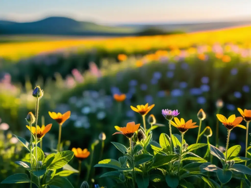 Fotografía de campos de flores silvestres en pradera natural, bañados por cálidos rayos dorados del atardecer