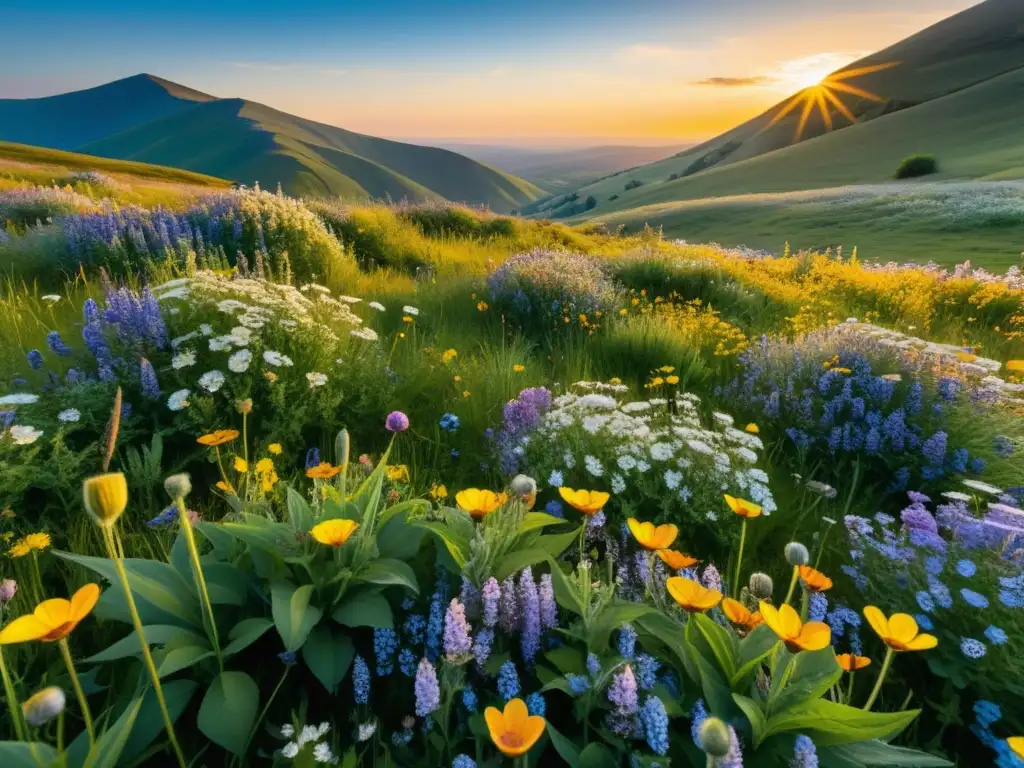 Una fotografía de campos y flores en una pradera natural, con una vibrante gama de colores y una puesta de sol dorada al fondo