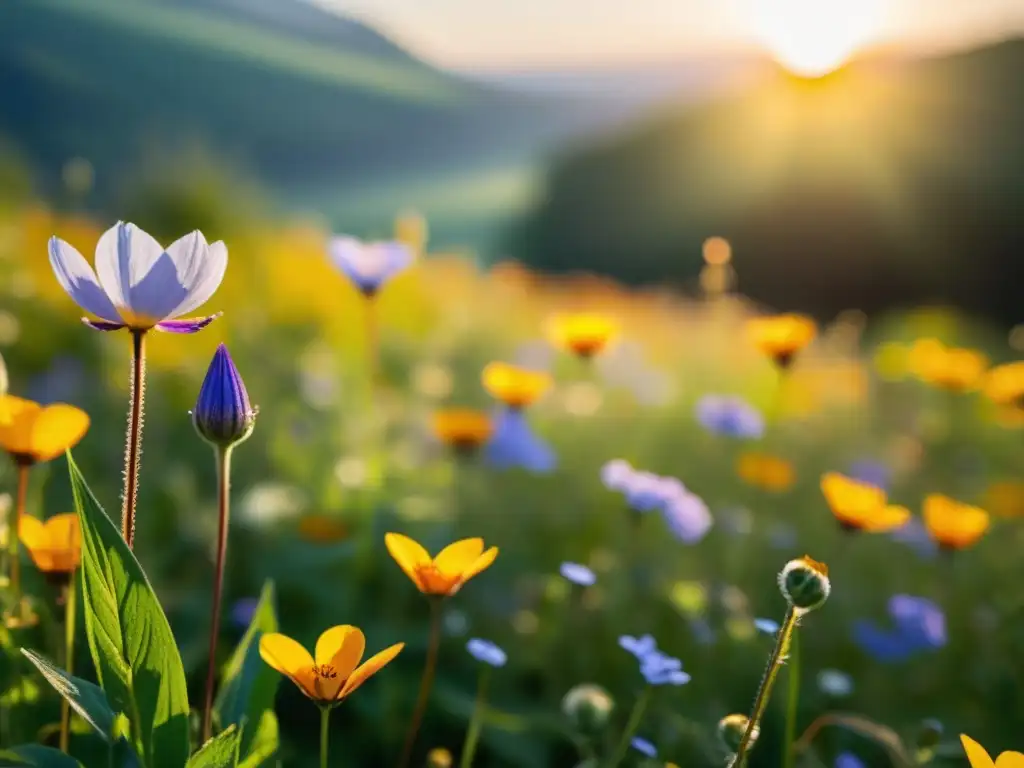 Fotografía de campos de flores, un prado vibrante bañado por la cálida luz del sol, revelando la belleza natural de la naturaleza