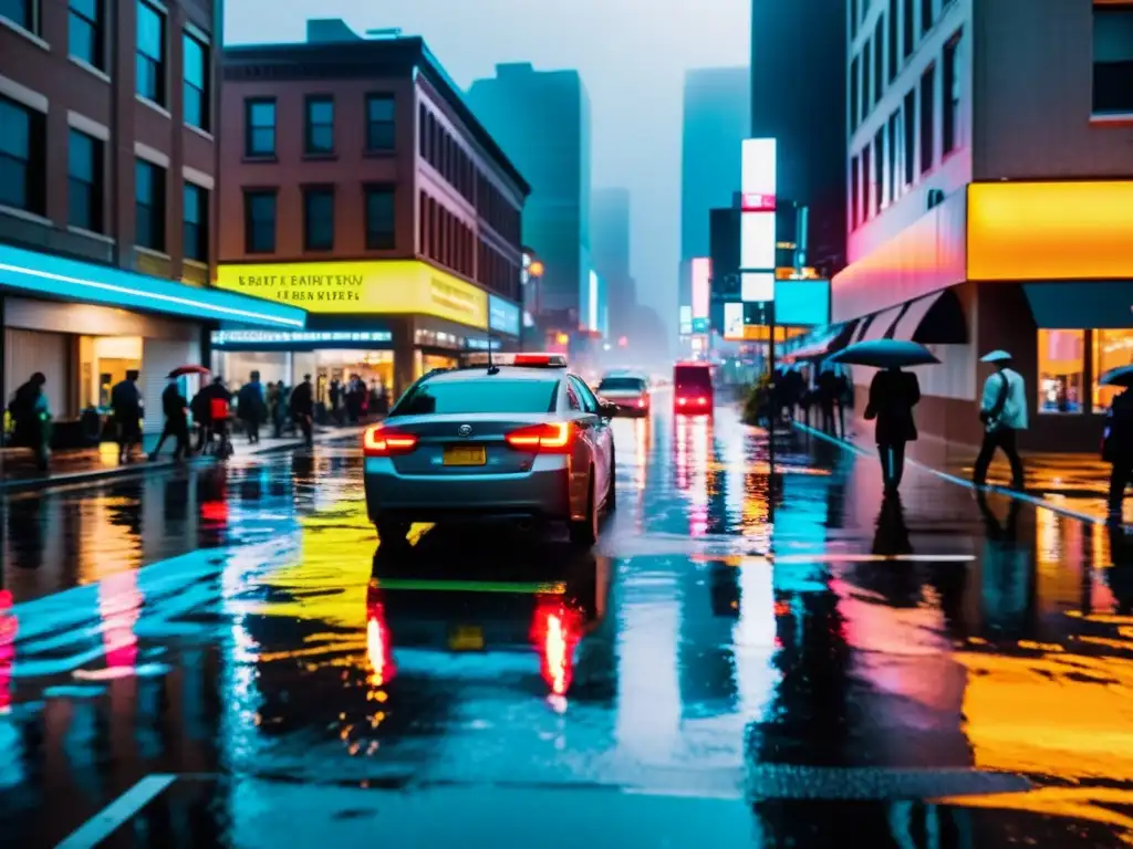 Caótica calle de la ciudad bajo lluvia intensa, reflejando la necesidad de Infraestructuras resilientes al clima