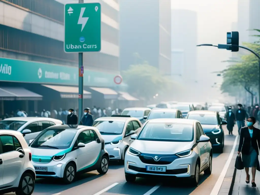 Caótica calle urbana con vehículos eléctricos y tradicionales, envuelta en smog