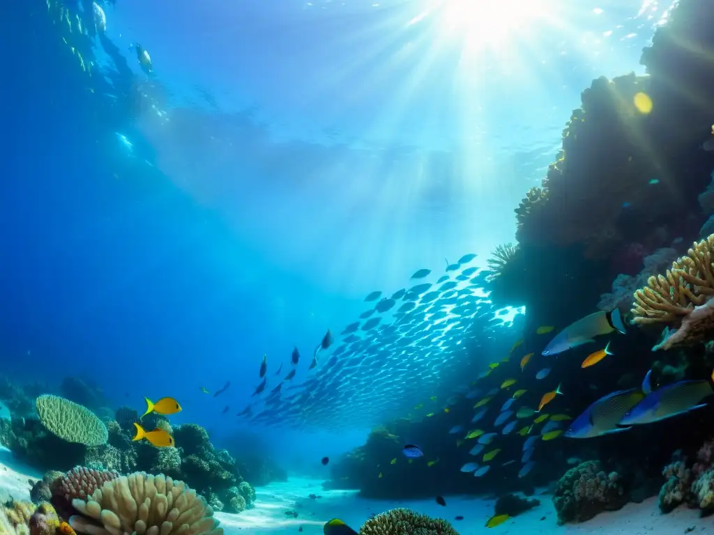 Cardumen de peces de colores en arrecife de coral, bajo la luz del sol