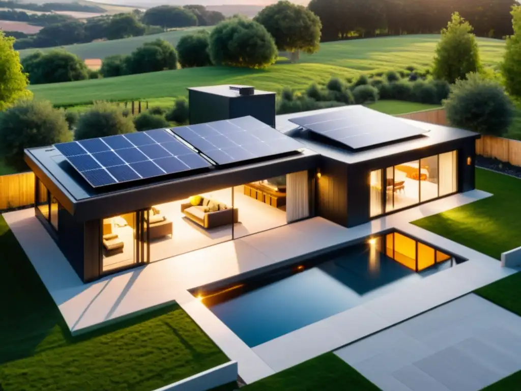 Moderna casa ecológica con paneles solares y turbina eólica al atardecer Una casa moderna y ecológica con paneles solares y una turbina eólica, rodeada de naturaleza