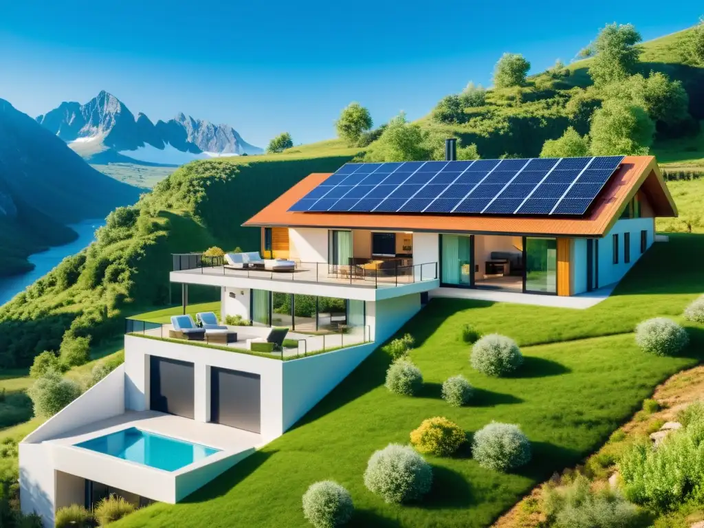 Una casa moderna y ecológica con paneles solares y turbinas eólicas, integrando fuentes de energía sostenible en un entorno natural