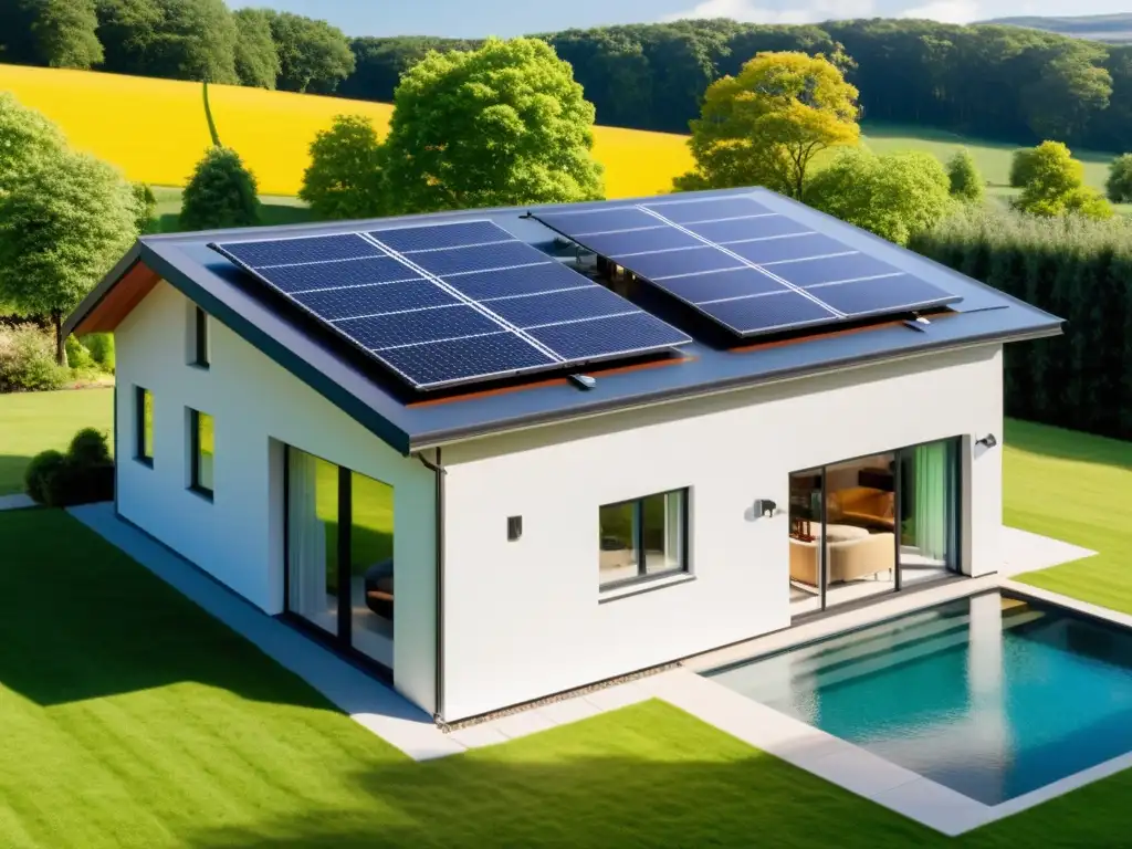 Una casa moderna y eficiente energéticamente con paneles solares, bomba geotérmica y tecnología de termostato inteligente, destacando el aprovechamiento del calor residual doméstico para un uso energético sostenible