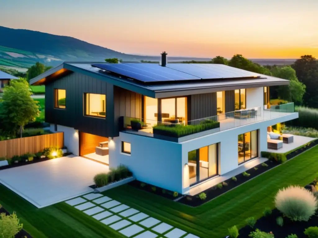 Casa solar al atardecer: armonía moderna y sostenible Una casa moderna y eficiente con paneles solares, bañada por la cálida luz dorada del atardecer