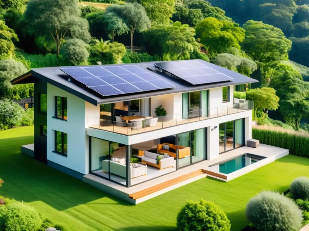 Una casa ecológica moderna con paneles solares, electrodomésticos eficientes, termostatos inteligentes y iluminación LED