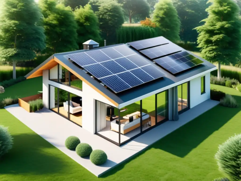 Una casa moderna y sostenible con paneles solares, turbinas eólicas y mejores gadgets de energía renovable para un hogar ecoamigable