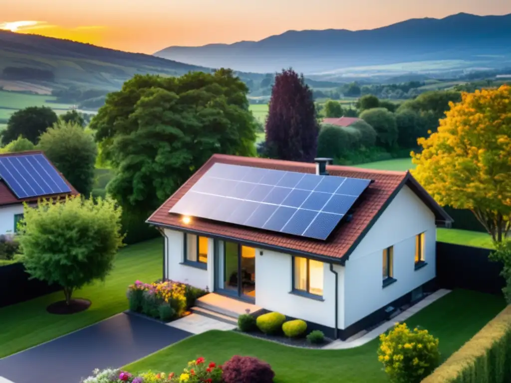 Una casa suburbana con paneles solares capturando la cálida luz del atardecer