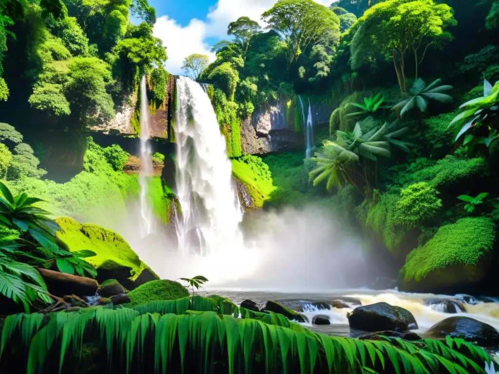 Cascadas escondidas en selva: un paraíso verde con árboles imponentes, vegetación exuberante y una cascada rodeada de exótica flora