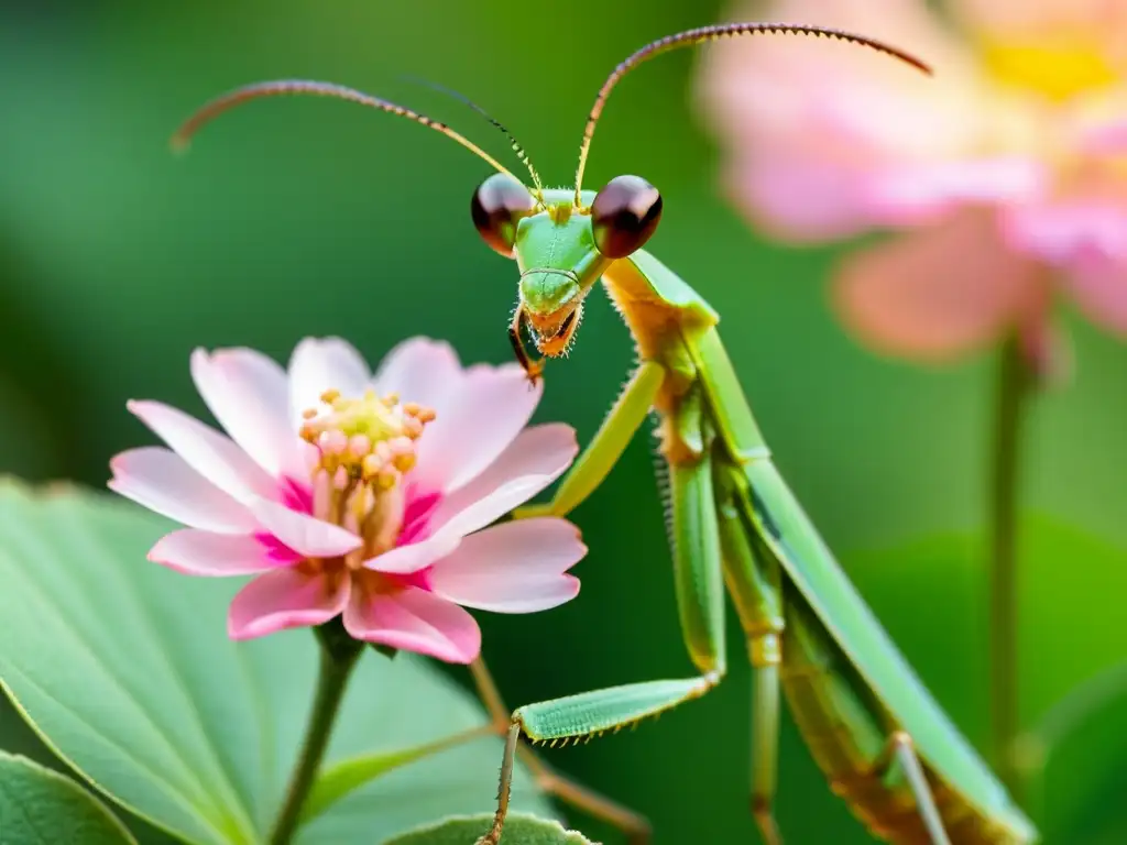 Un cautivador insecto endémico del Mediterráneo, una mantis religiosa verde, posada en un delicado pétalo rosa con detalles nítidos y luz suave