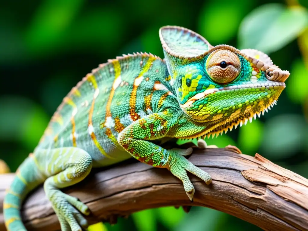 Un camaleón cautivante se aferra a una rama, con sus escamas intrincadas y colores vibrantes