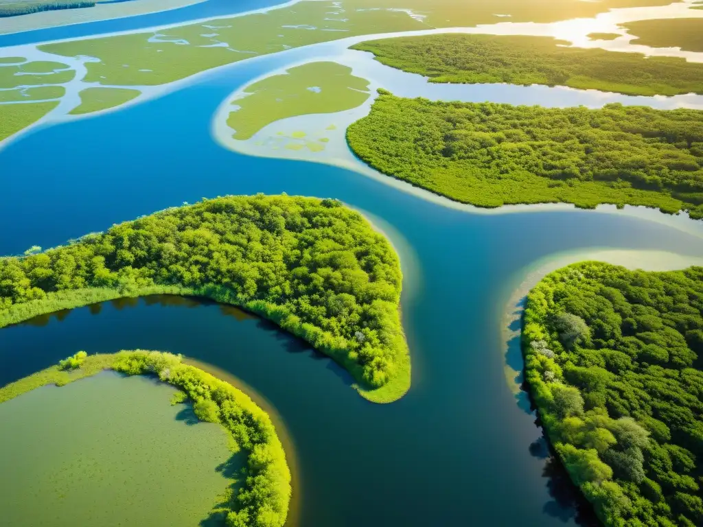 Cautivante vista aérea de un exuberante humedal, reflejando la belleza y vitalidad del ciclo del agua en zonas húmedas