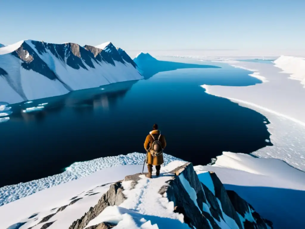 Un cazador inuit contempla el horizonte en un paisaje ártico helado, mostrando la convivencia entre comunidades ecosistemas polares