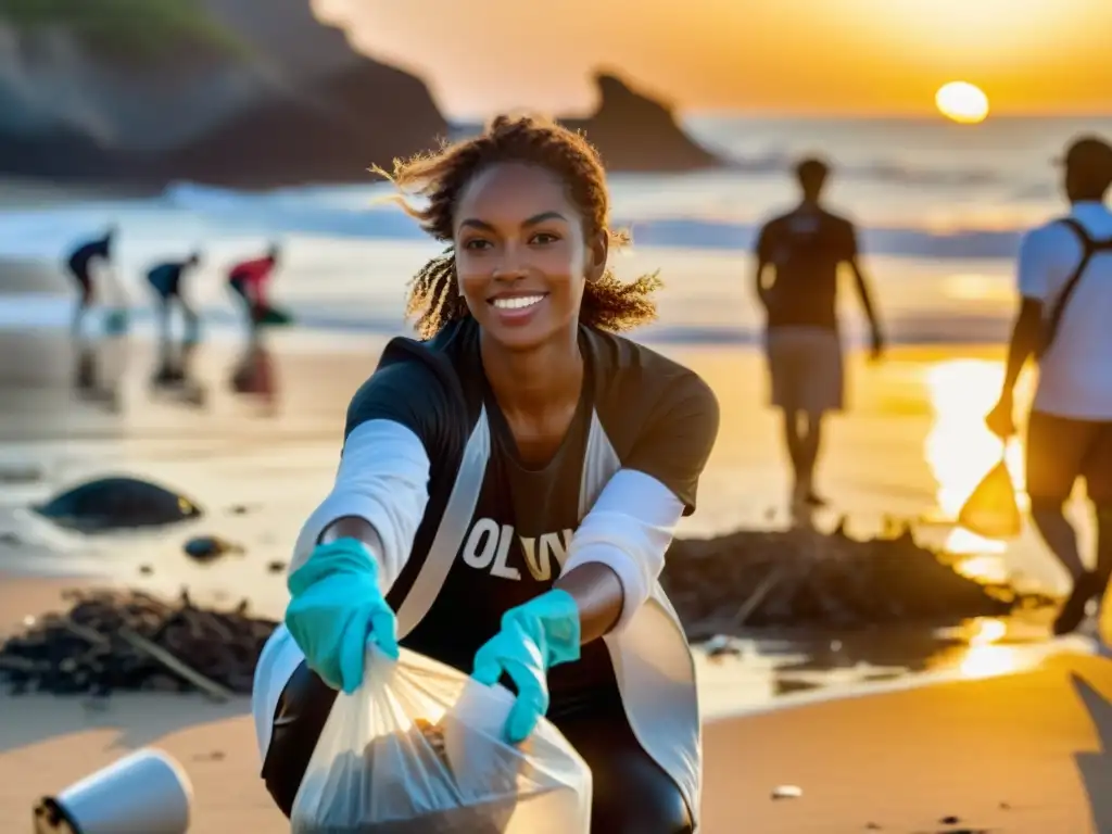 Una celebridad lidera la limpieza de playa al atardecer, transmitiendo la importancia de las celebridades en concienciación ambiental