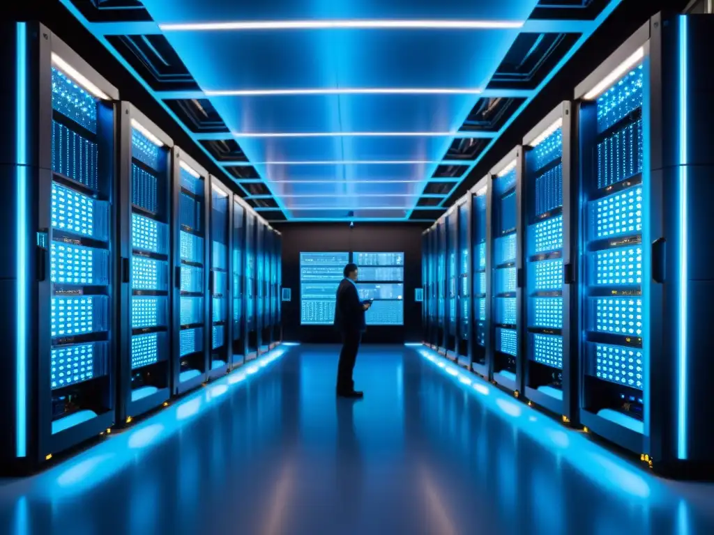 Un centro de supercomputación en 8k detalla modelos climáticos recreación virtual, con científicos y técnicos monitoreando datos