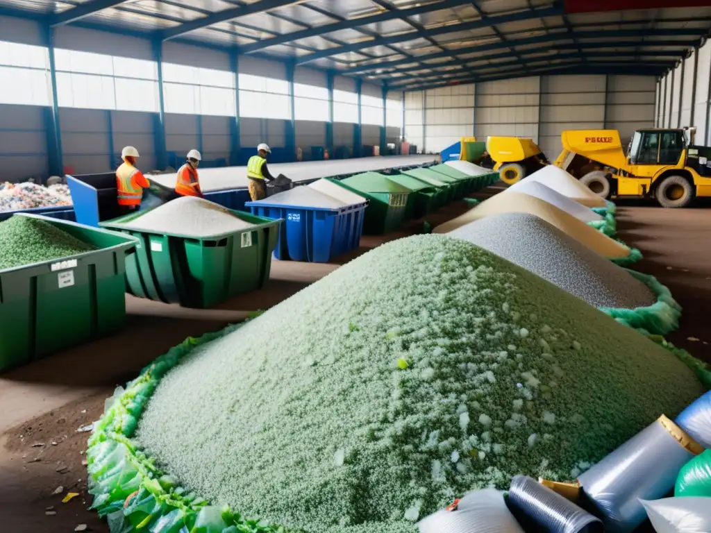Un centro de reciclaje bullicioso con trabajadores clasificando materiales reciclables, destacando el manejo sostenible de residuos