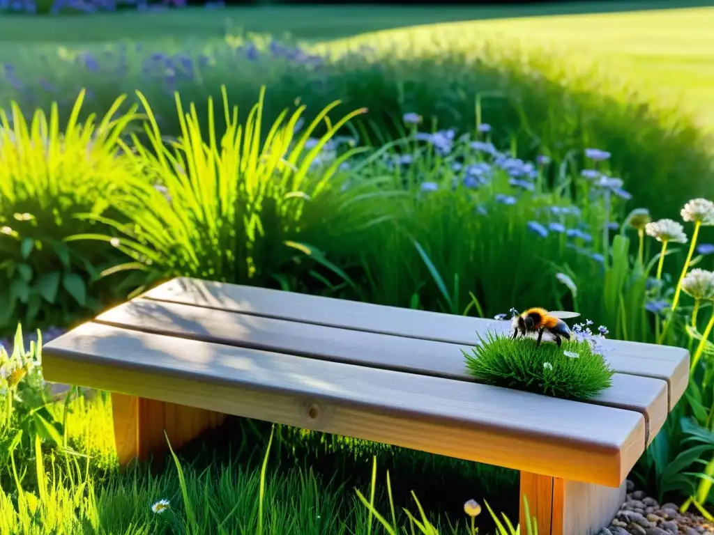 Un jardín ecológico con césped alternativo, lleno de vida y biodiversidad