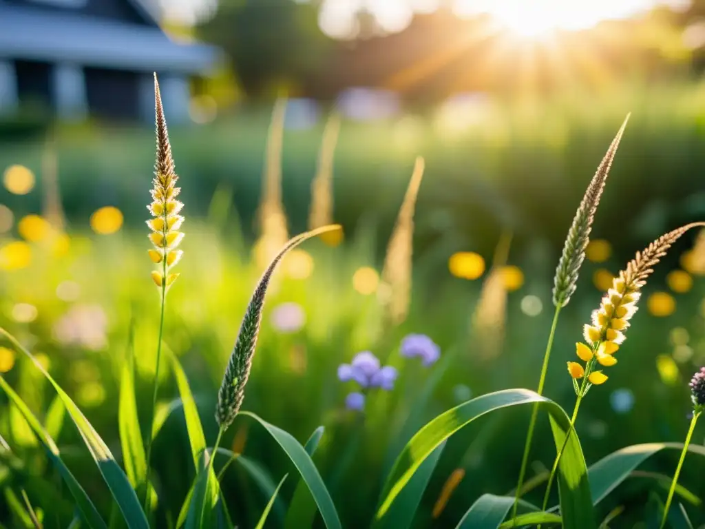 Un césped ecológico vibrante y diverso con opciones ecológicas para céspedes alternativos, bañado por la cálida luz del sol