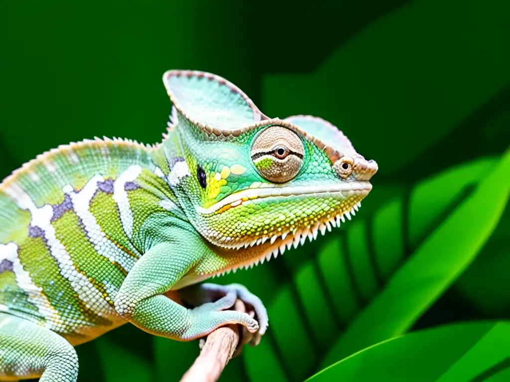 Camaleón en la selva: adaptación y supervivencia Chamaleón adaptándose a las hojas verdes en la selva tropical, mostrando su habilidad de adaptación al cambio climático
