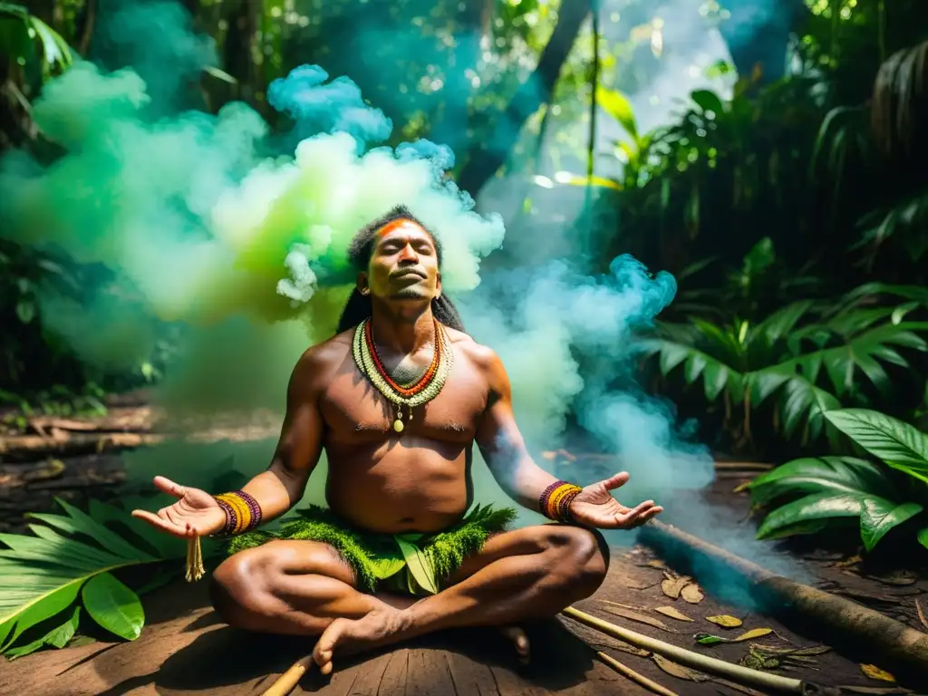 Un chamán realiza un ritual de sanación en la selva amazónica, rodeado de exuberante vegetación