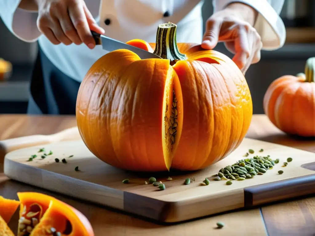 Un chef corta con destreza una calabaza naranja sobre una tabla de madera, resaltando la cocina sostenible con ingredientes orgánicos