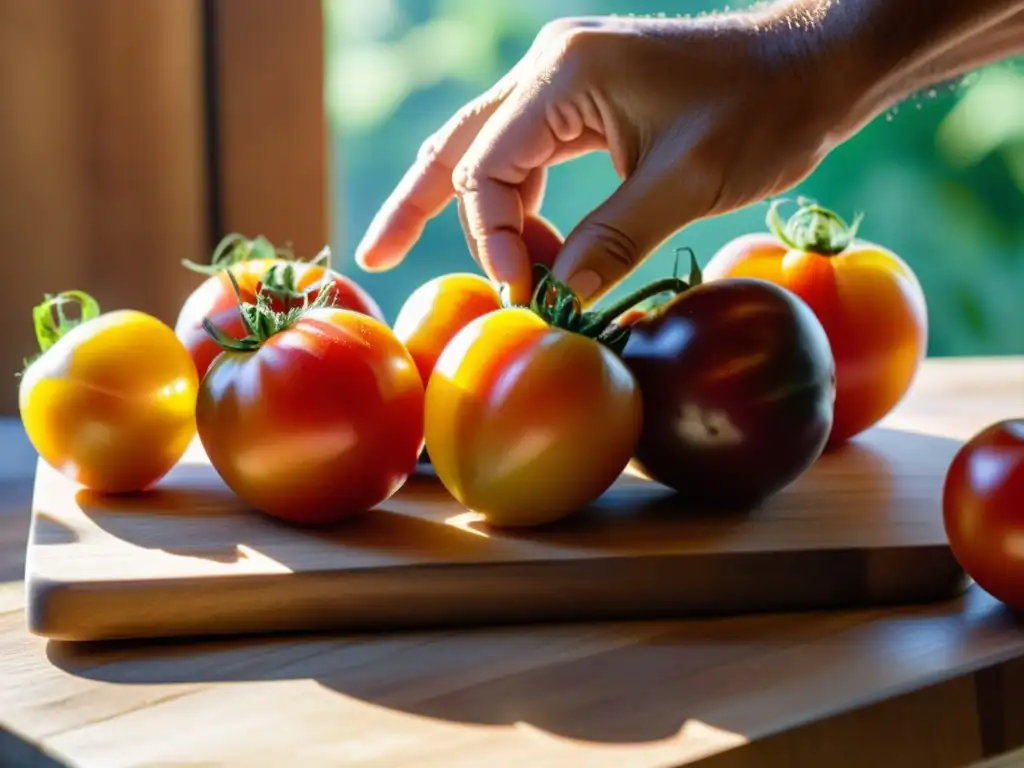 Un chef corta tomates orgánicos con destreza, bajo la cálida luz matutina