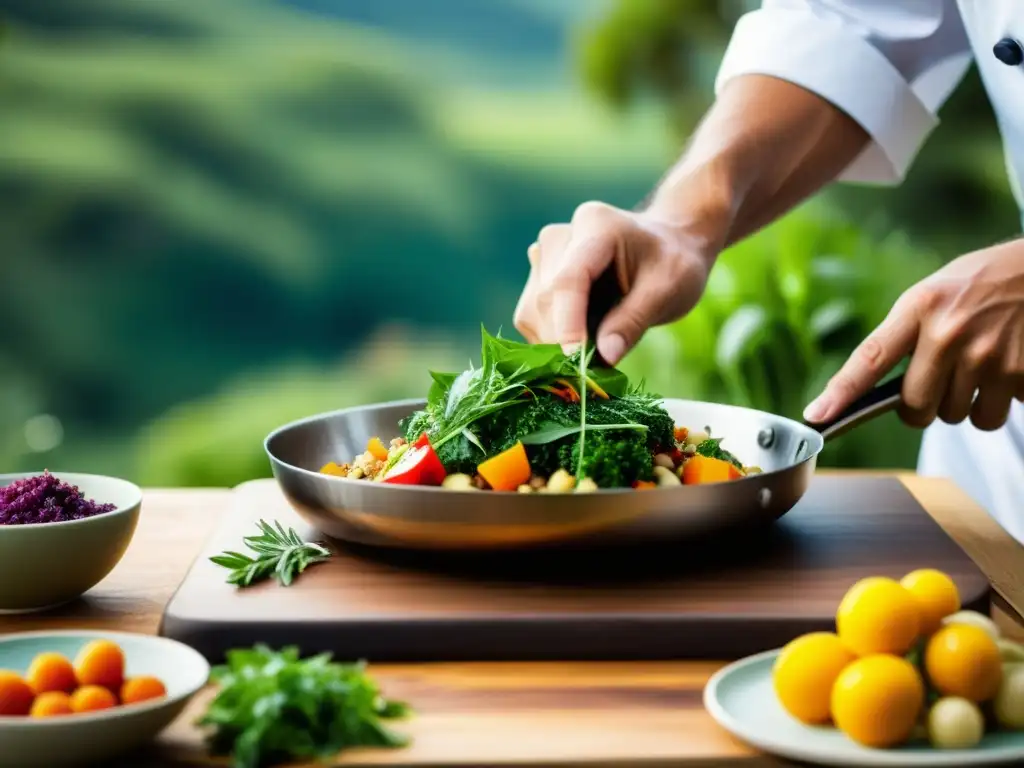 Un chef prepara un exquisito banquete sostenible en la naturaleza, destacando la fusión de arte culinario y conciencia ambiental