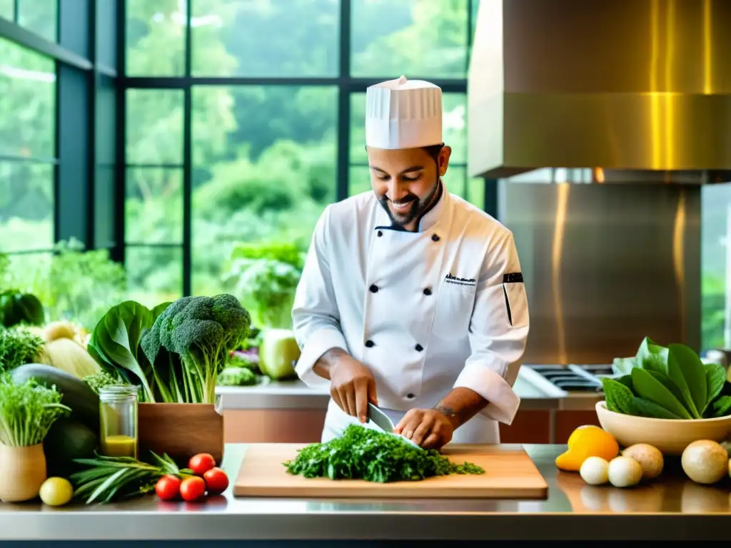 Chef seleccionando ingredientes locales en cocina ecofriendly