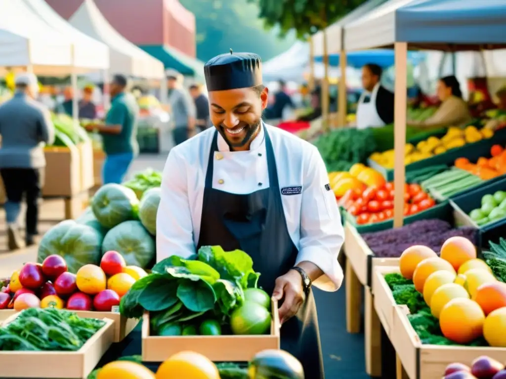 Un chef selecciona cuidadosamente productos frescos y locales en un animado mercado de agricultores, rodeado de coloridas exhibiciones de frutas y verduras orgánicas