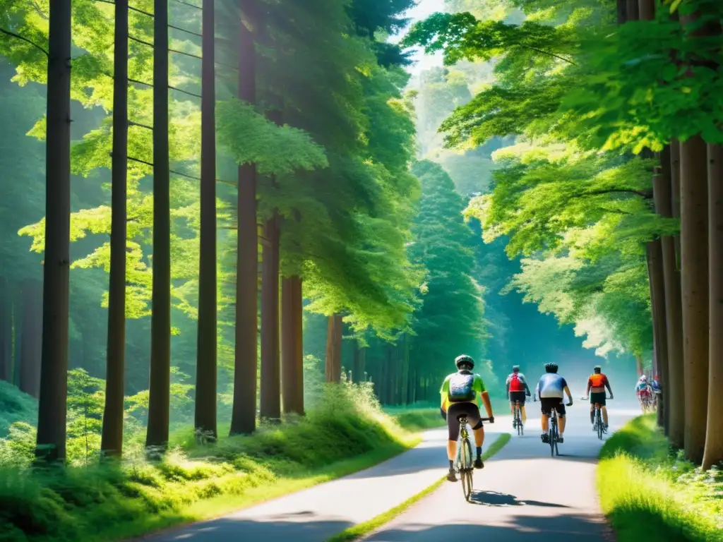 Ciclistas disfrutan de rutas de cicloturismo ecológico Europa entre árboles verdes