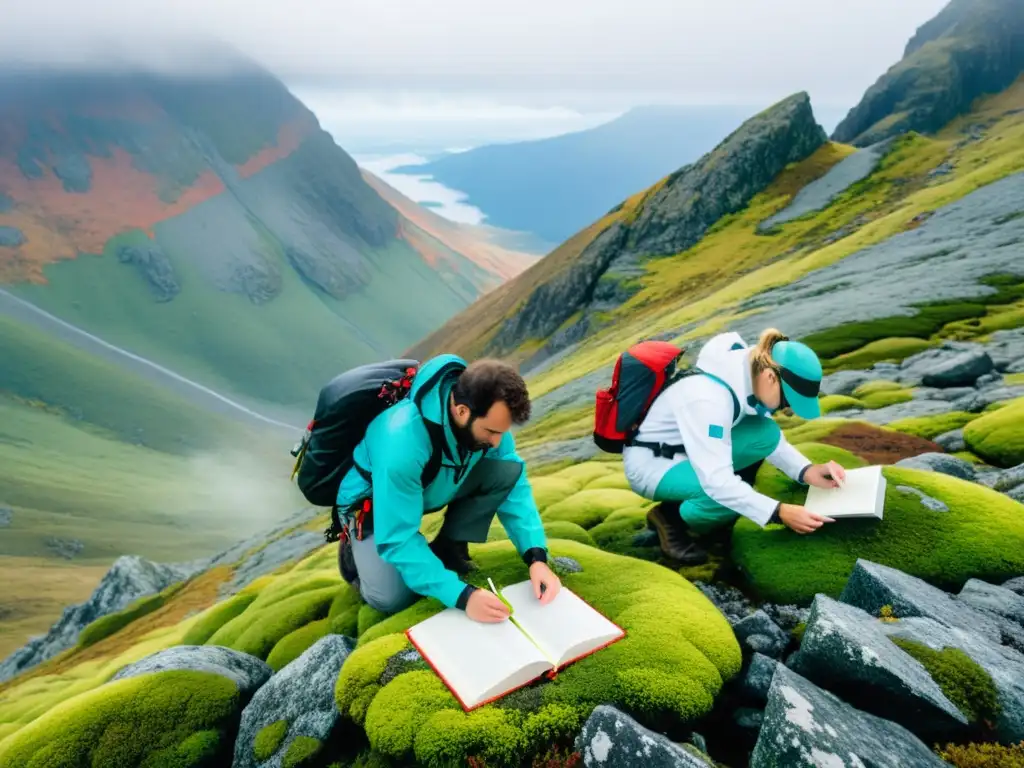 Expedición científica recolectando muestras de musgo y líquenes en la cima de una montaña, con valle brumoso al fondo