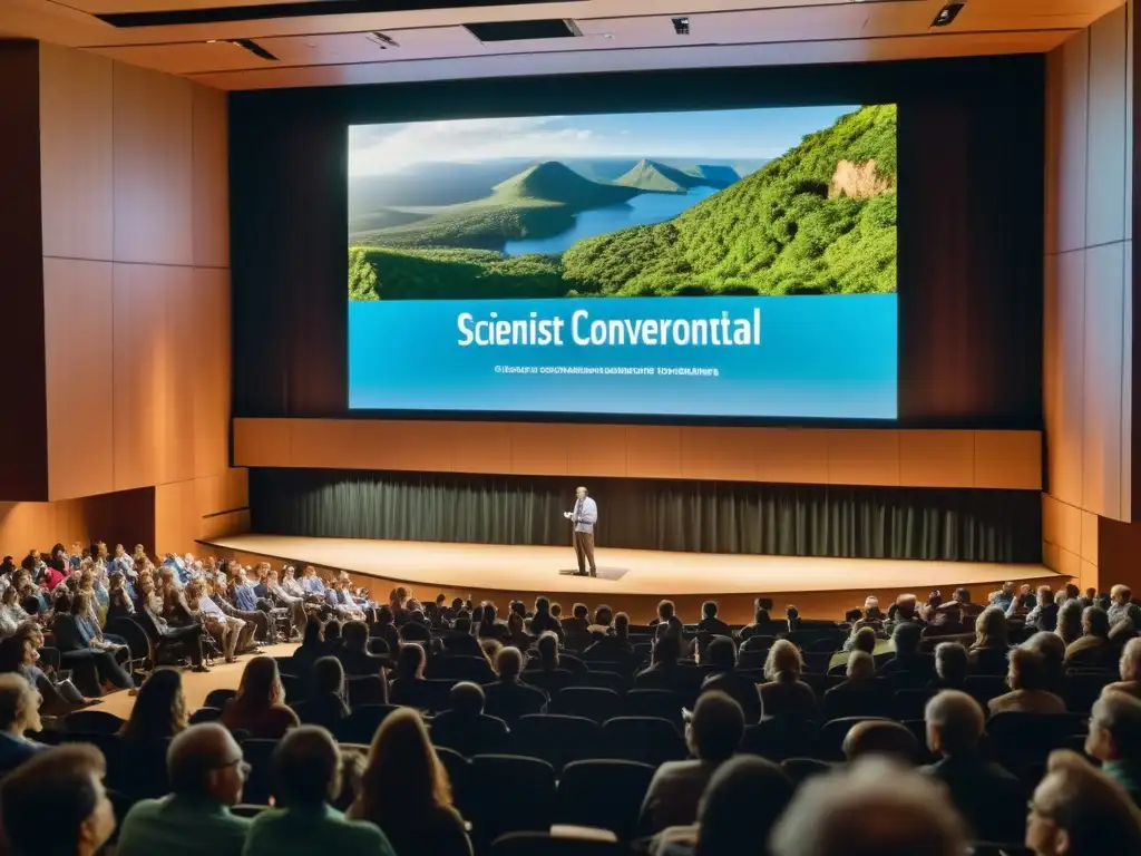 Un científico apasionado habla sobre la conservación de ecosistemas ante un público comprometido en un auditorio lleno