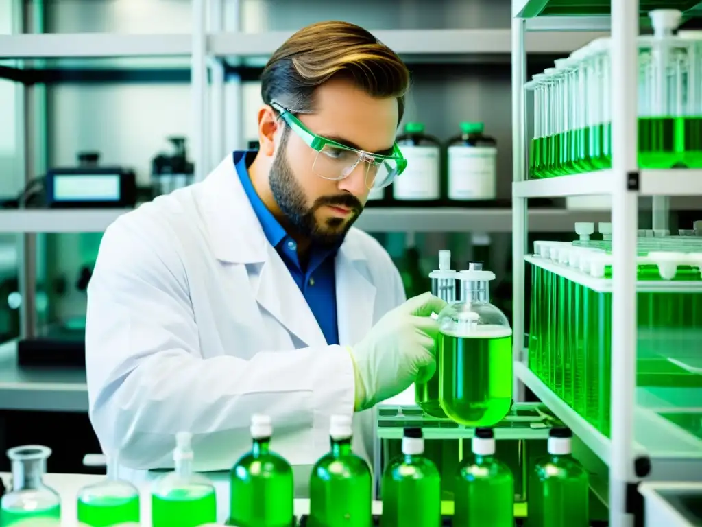 Un científico en bata blanca y gafas ajusta con precisión un complejo sistema de filtración con tubos transparentes y líquido verde, en un laboratorio lleno de equipamiento avanzado