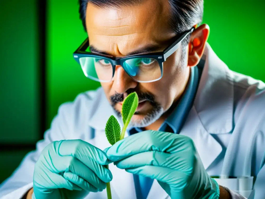 Un científico en bata de laboratorio diseccionando tejido vegetal con precisión, revelando estrategias cultivos tejidos vegetales