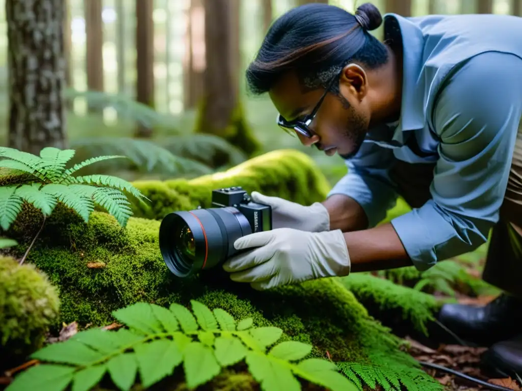 Un científico ajusta una cámara de monitoreo en un denso bosque para el monitoreo de especies invasoras en ecosistemas