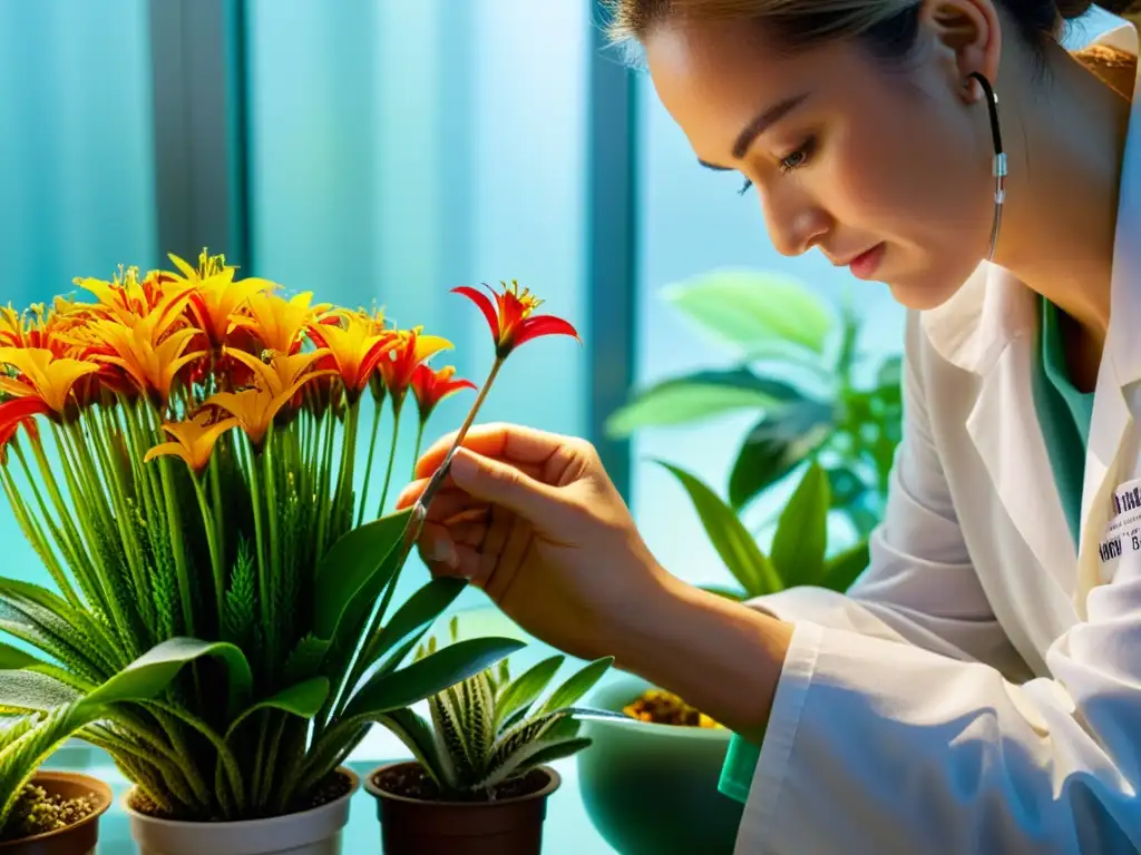 Un científico extrae con cuidado semillas de una exótica flor rodeada de otras plantas, bañadas en suave luz natural