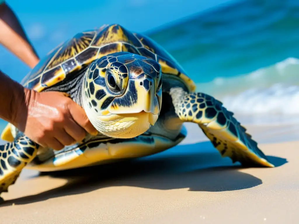 Un científico libera con cuidado una tortuga marina rehabilitada en el océano, destacando los desafíos en la divulgación de la conservación