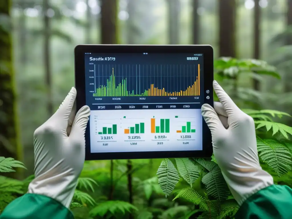 Un científico analiza datos ecológicos en una tableta, con gráficos detallados y un bosque de fondo