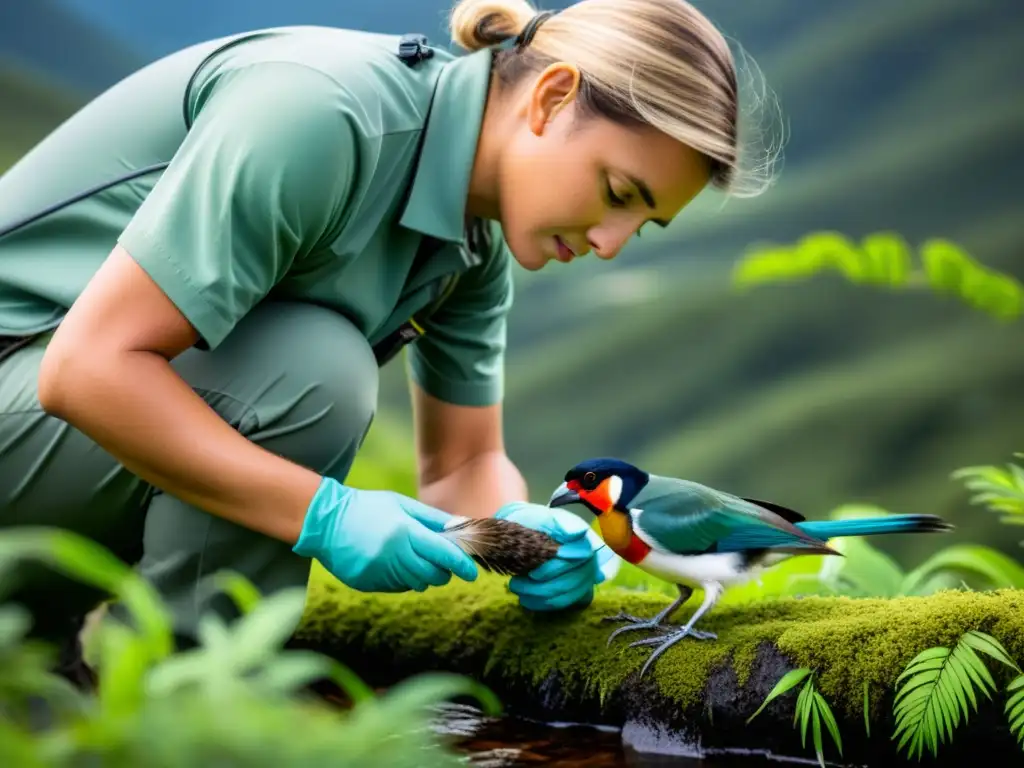 Un científico enfocado colocando un dispositivo de seguimiento en una rara ave, resaltando las técnicas de monitoreo de especies para conservación