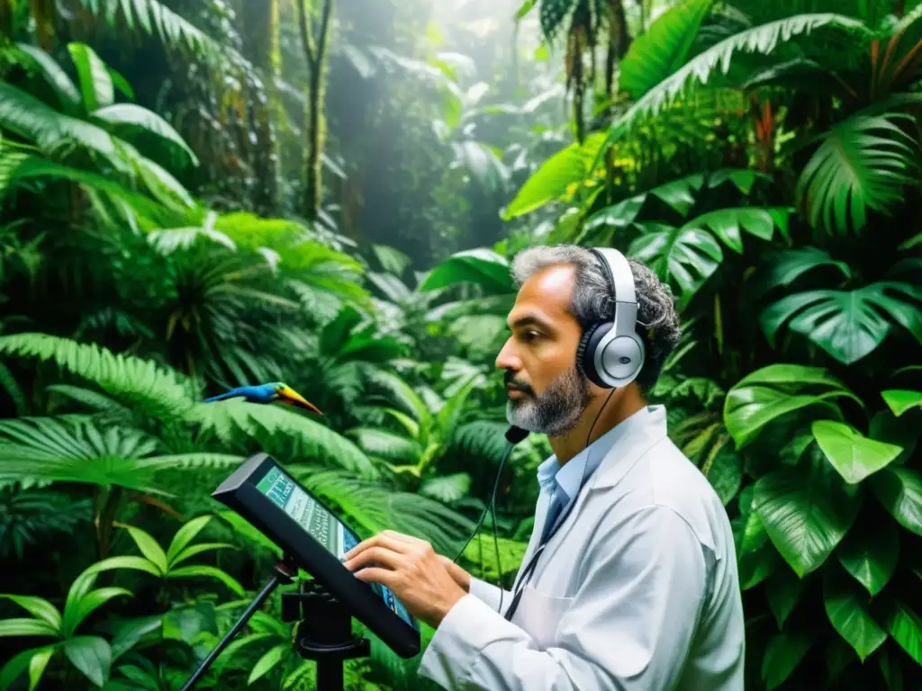 Un científico ajusta equipo en una exuberante selva