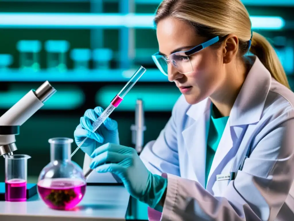 Un científico en laboratorio extrayendo material genético de una delicada flor rosa