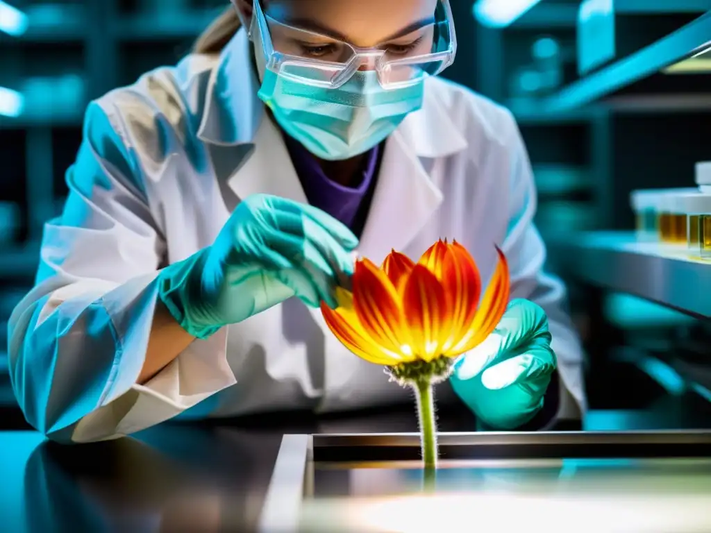 Un científico extrae material genético de una rara flor en un laboratorio de vanguardia, destacando la conservación genética y la biodiversidad de ecosistemas