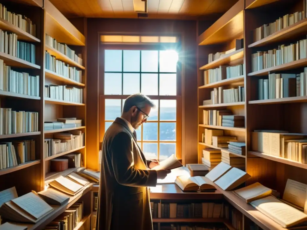 Un científico examina con precisión los modelos climáticos en una escena detallada y cálida de análisis histórico