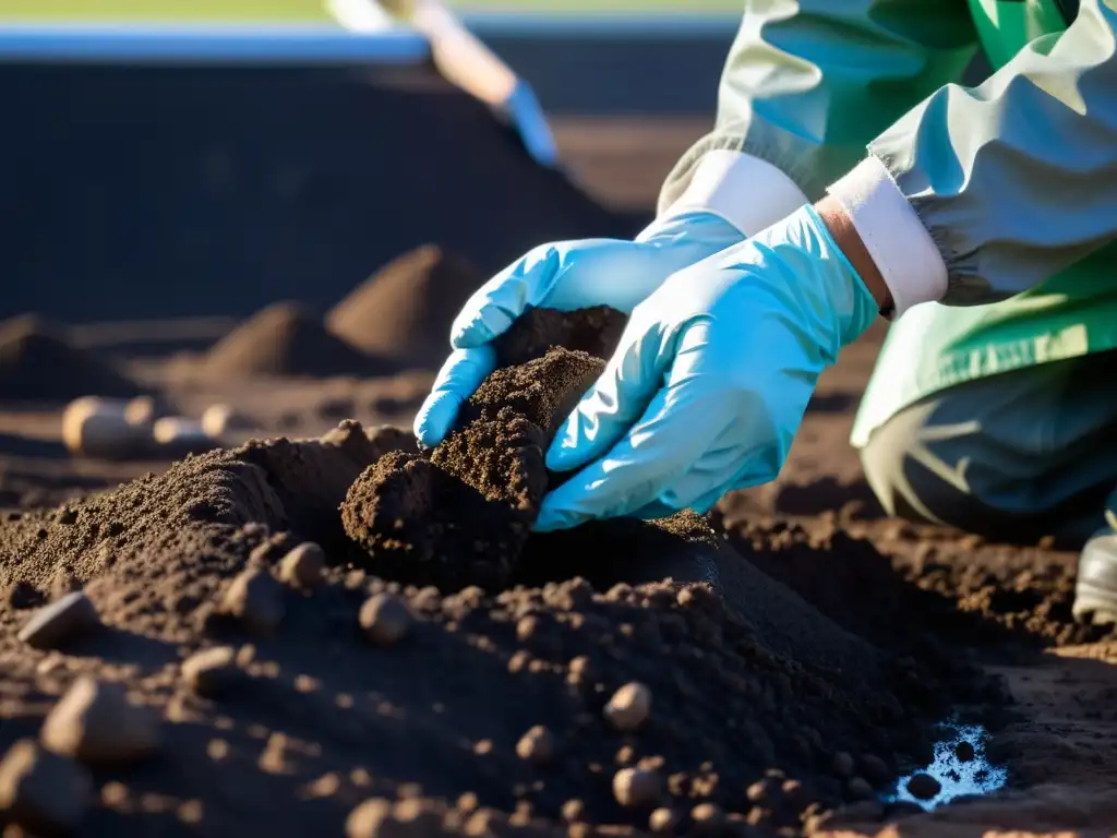 Un científico recoge cuidadosamente una muestra de suelo contaminado por químicos, resaltando la necesidad de recuperación de suelos