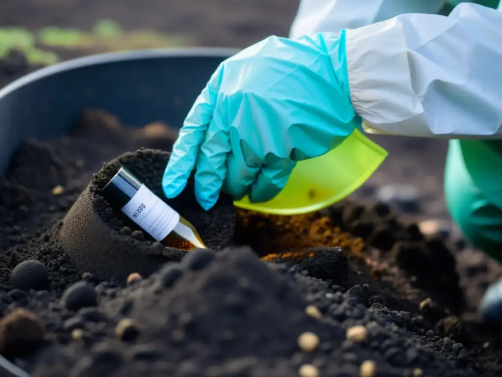 Un científico recoge muestras de suelo contaminado con equipo especializado