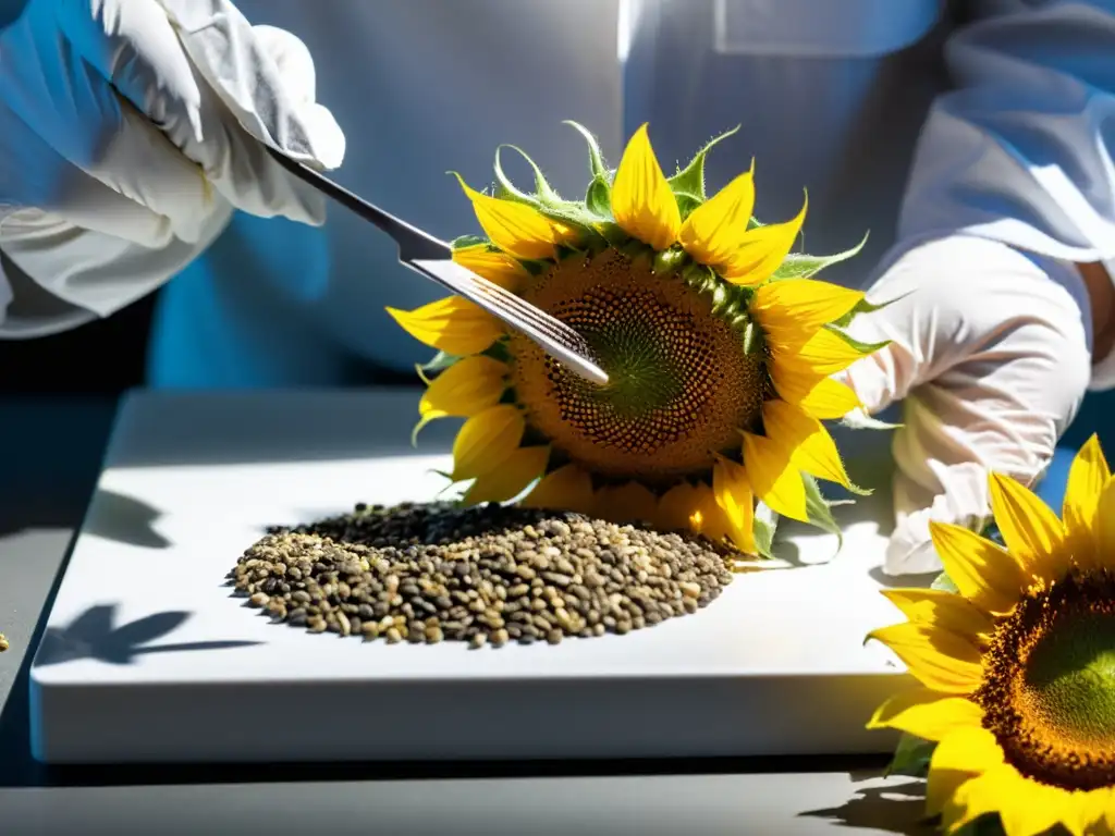 Un científico cuidadosamente extrae semillas de girasol con pinzas, asegurando el futuro de la biodiversidad con precisión y dedicación